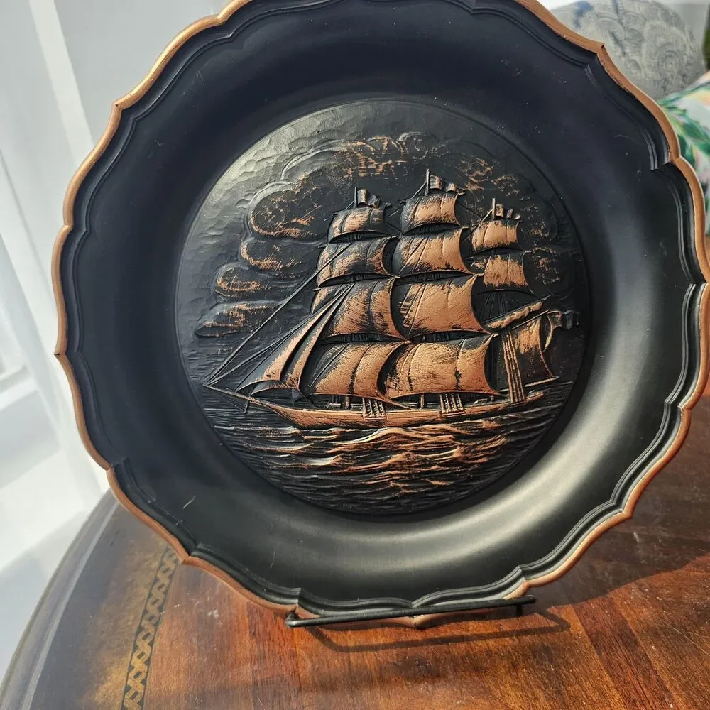 1974 Resin Ship Wall Plaque | MCM Copper Tone Sailing Boat Art